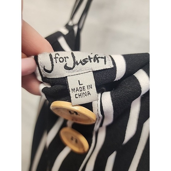 J Justify Jumpsuit Women's Large Black White Striped Stretchy Strapless Modern! - Picture 9 of 9